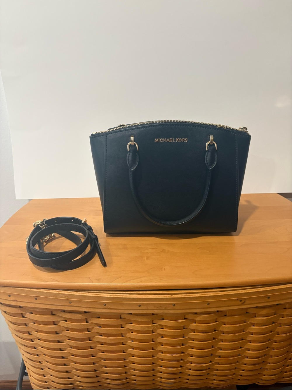 Small Michael Kors Black Dome Satchel with Gold Hardware